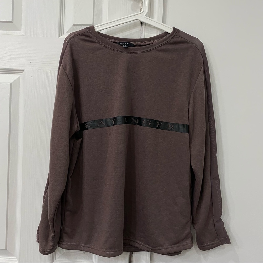 Kay Unger Across Chest Logo Print Sweatshirt Crew Neck Mesh Insert In Sleeves L